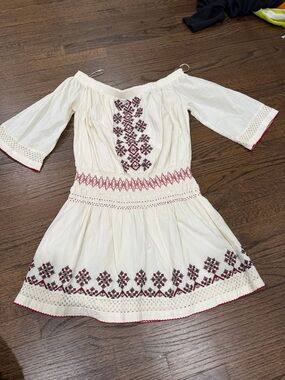 Cream Off-Shoulder Dress with Red Embroidery